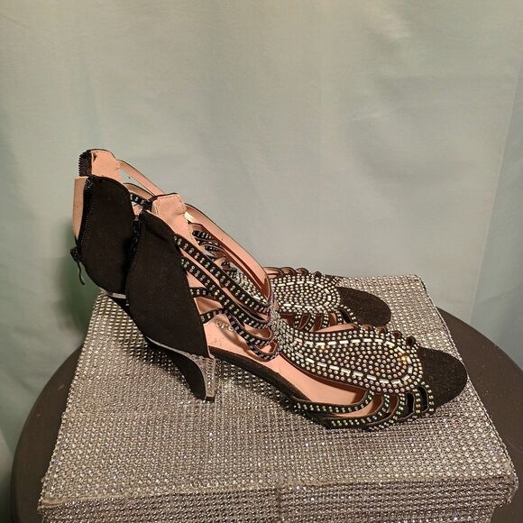 Women's Black Rhinestone Gladiator Heels – Size 8 Strappy Sparkle Sandals - Picture 3 of 6